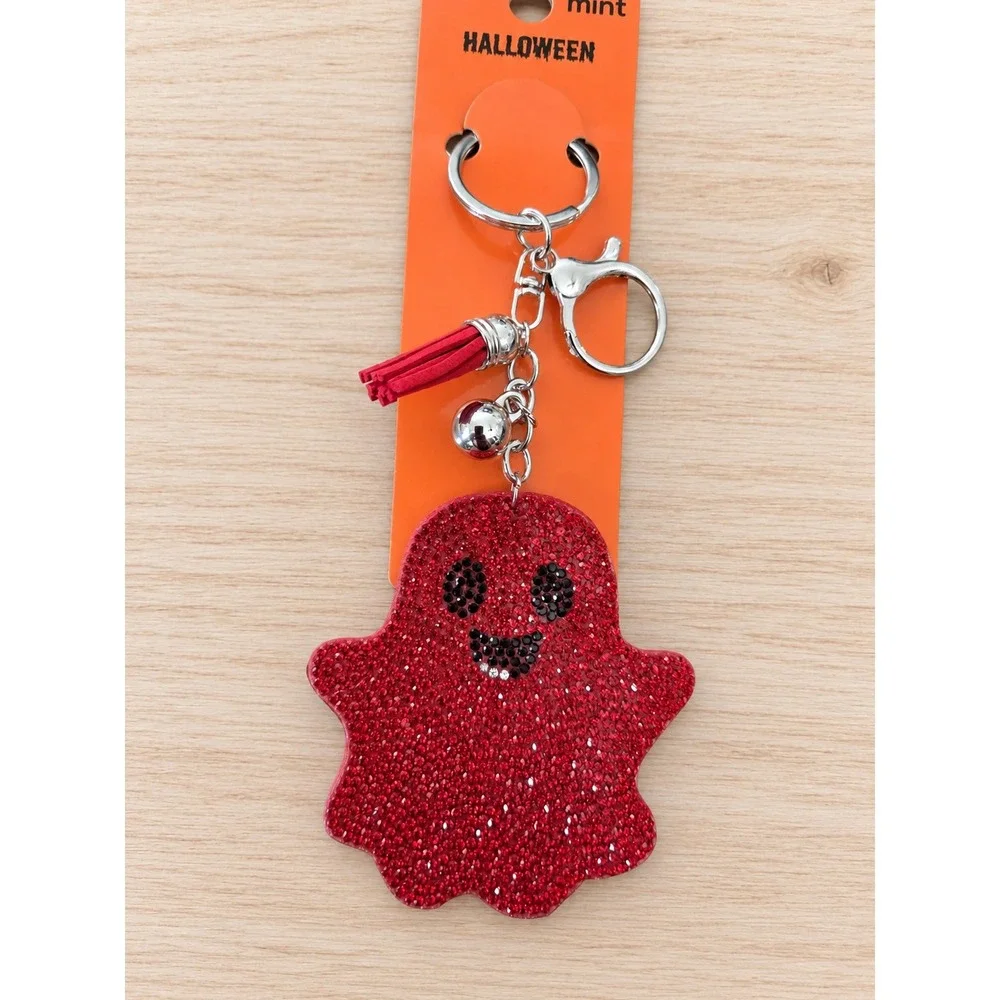 Mint Halloween Rhinestone Ghost Keychain Tassel Bell Silver Black Red Set of 3